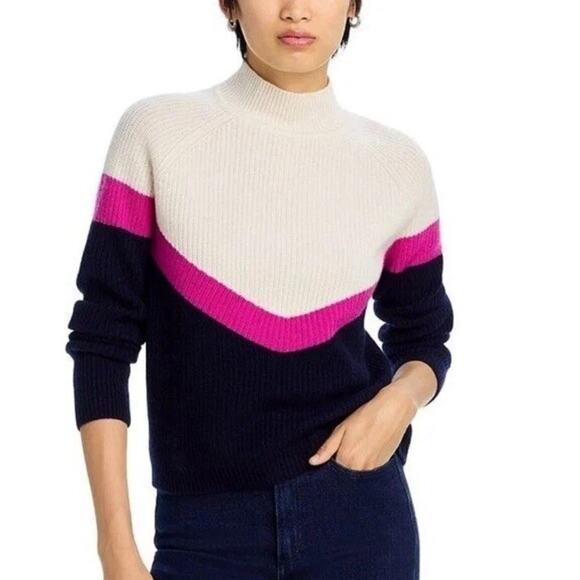 Aqua Cashmere Color Block Chevron Pullover Sweater Women's Size M Ivory Pink - Picture 1 of 6
